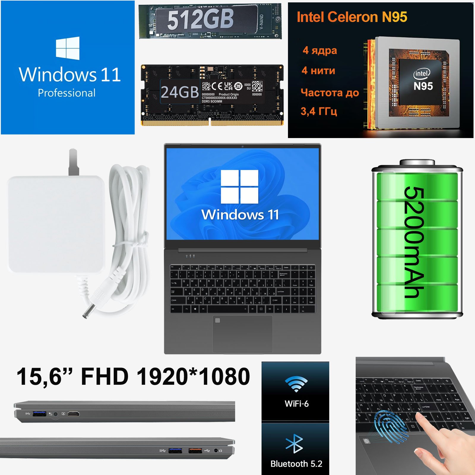 WINGSTIME 15.6inch Touchscreen Laptop N95 24GB Ram SSD 512GB Rom - Image 10