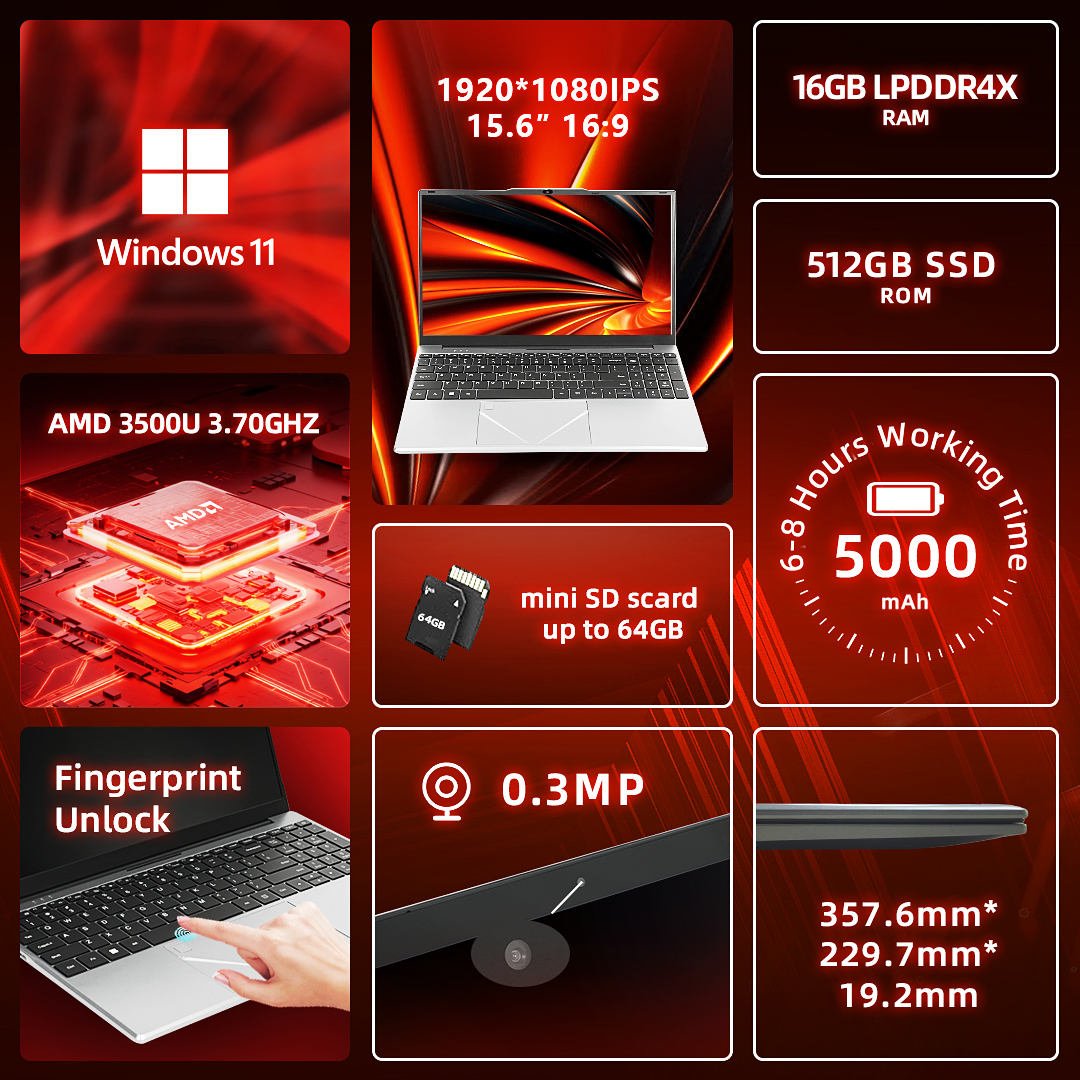 WYSECHY 15.6inch Laptop AMD Ryzen 3 3200U 16GB Ram SSD 512GB Rom M.2 2280 silver - Image 8