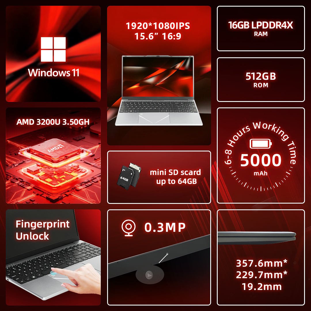 WYSECHY 15.6inch Laptop AMD Ryzen 3 3200U 16GB Ram SSD 512GB Rom M.2 2280 silver - Image 12